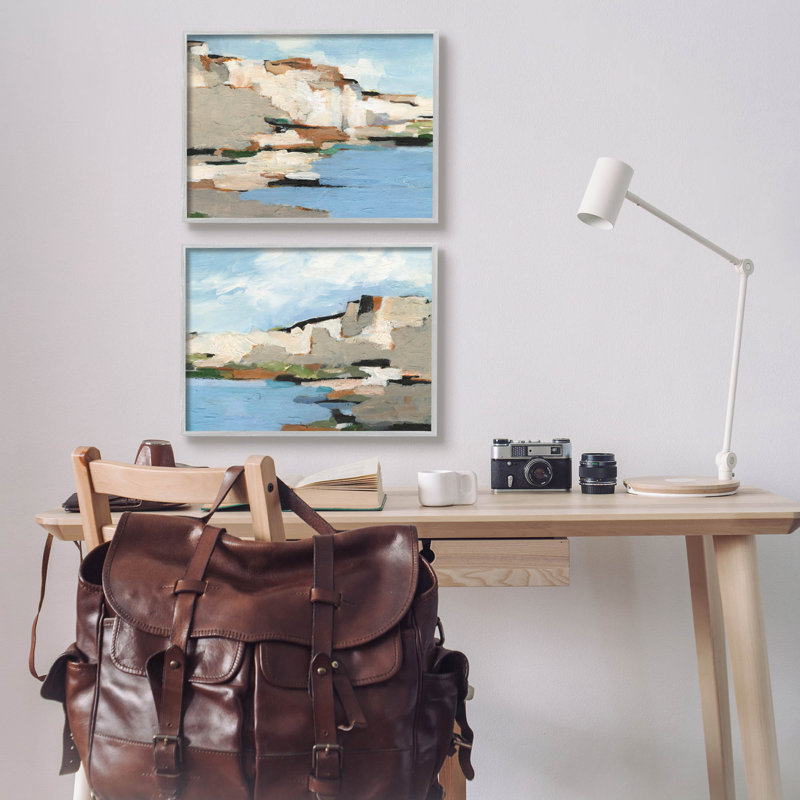 «Seaside Cliff Modern Landscape», ensemble de 2 giclées encadrées par Ethan Harper, H 16 po x l 20 po x P 1,5 po, gris