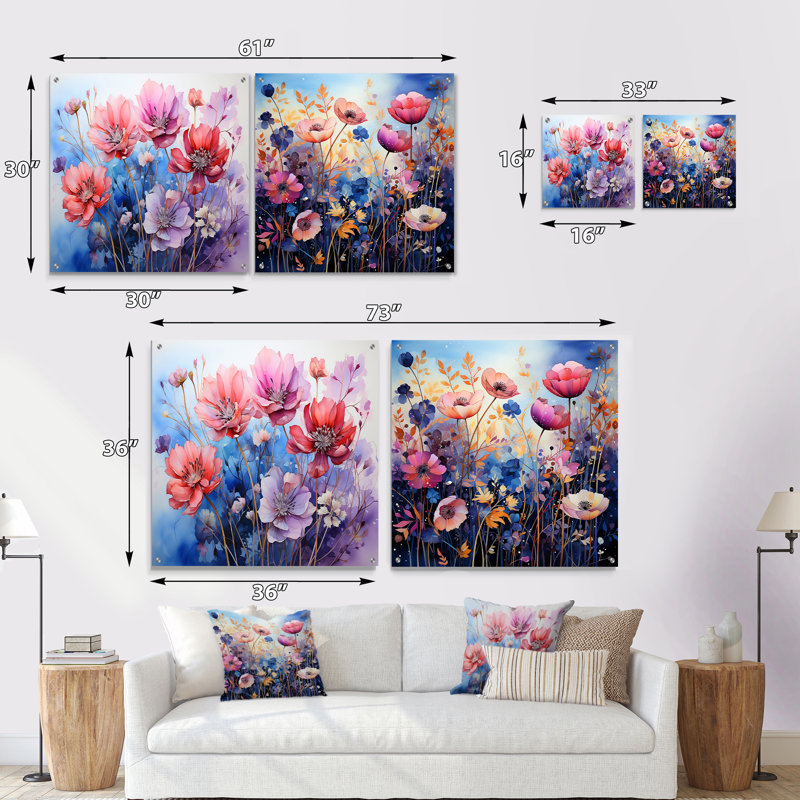 Bleu et jaune, botanique, sérénade - ensemble de 2 peintures murales abstraites en acrylique, H 36 po x l 73 po