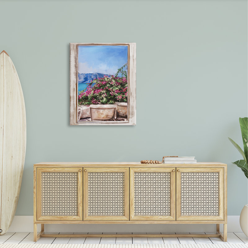 Scène de jardin à travers une fenêtre vue de mer par Ziwei Li - Peinture, H 40 po x l 30 po x P 1,5 po, Toile tendue