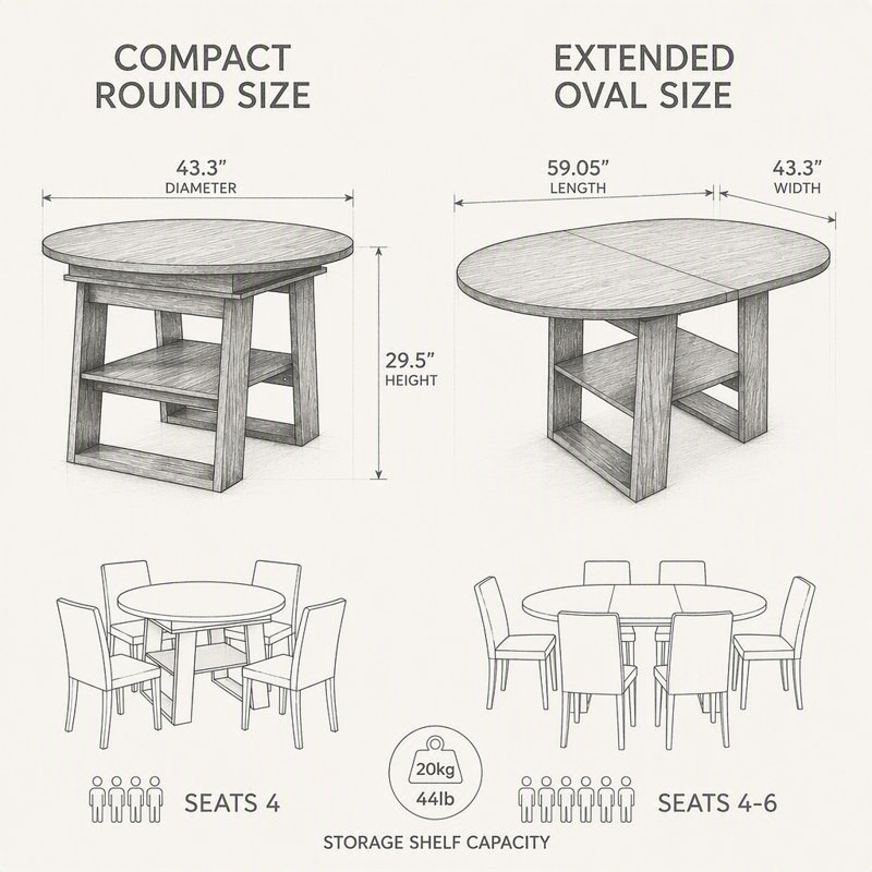 Table de salle à manger ronde extensible de 110 à 150 cm, table de cuisine ronde transformable en ovale avec rallonge intégrée rabattable.
