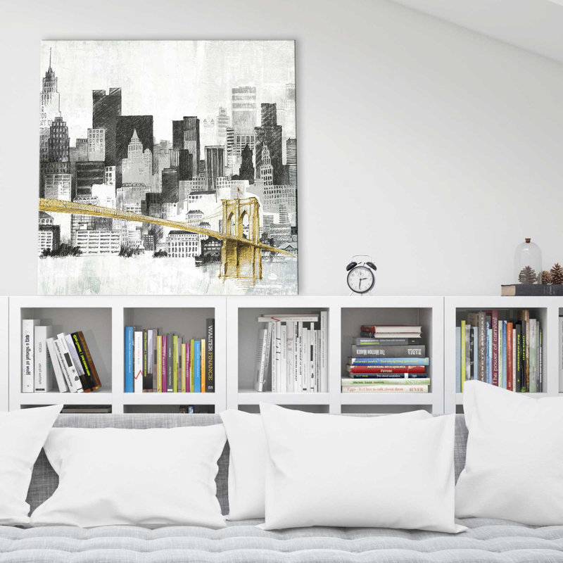 New York, horizon I, pont jaune II - peinture, Toile tendue, H 36 po x l 36 po x P 1,5 po