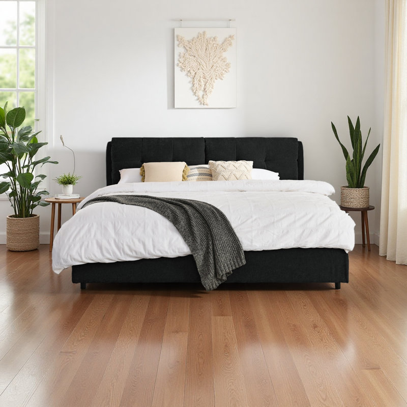 Très grand lit plateforme tapissier hydraulique avec tête de lit intégrée et tissu chenille, Noir, noir, noir, noir