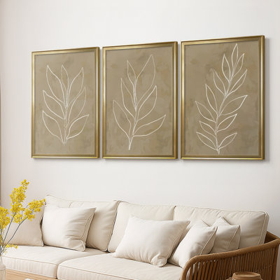 Leaf Line Art I - Toile tendue avec châssis sur mesure - 3 pièces