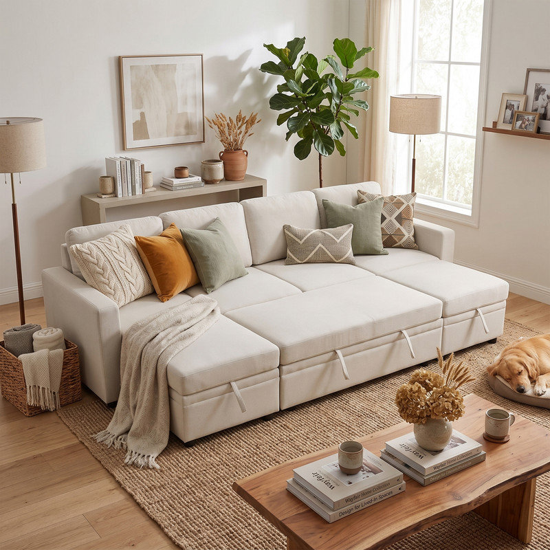 Divan-lit modulaire en forme de U de 102 po de large avec blanc cassé et méridienne avec rangement, canapé-lit 5 places convertible en lin