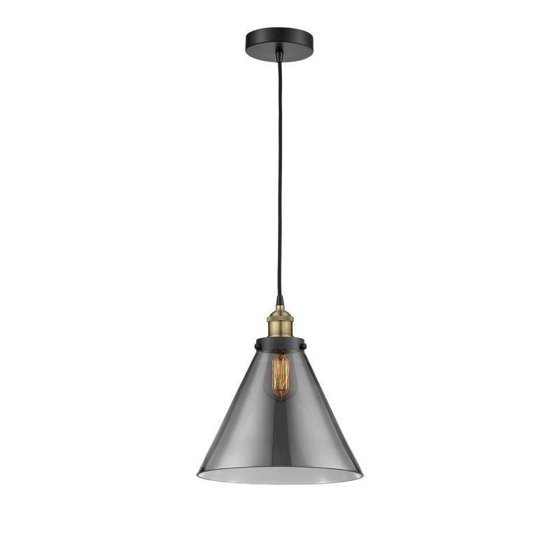 Mini-luminaire suspendu 1 lumière Cone, H 14,75 po x l 12 po x P 12 po, Plaqué couleur fumée, Laiton antique noir