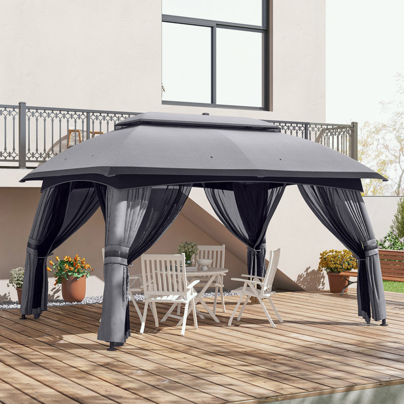 Pavillon de jardin extérieur en acier avec filet et toit ventilé, Gris