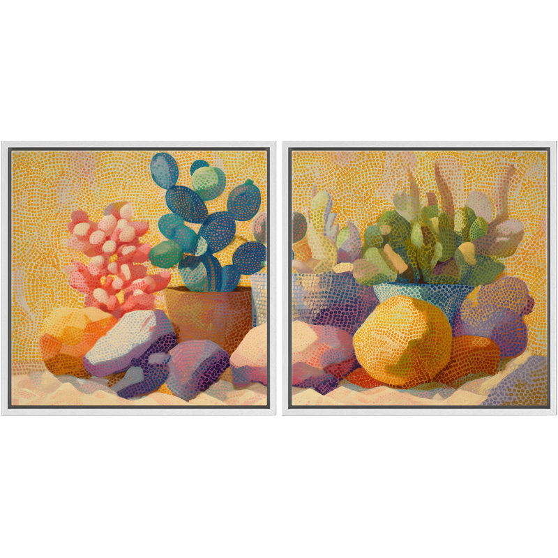 Cactus coloré nature morte, ensemble de décorations de style pointillisme encadré, œuvre d'art de la chambre principale, 2 pièces