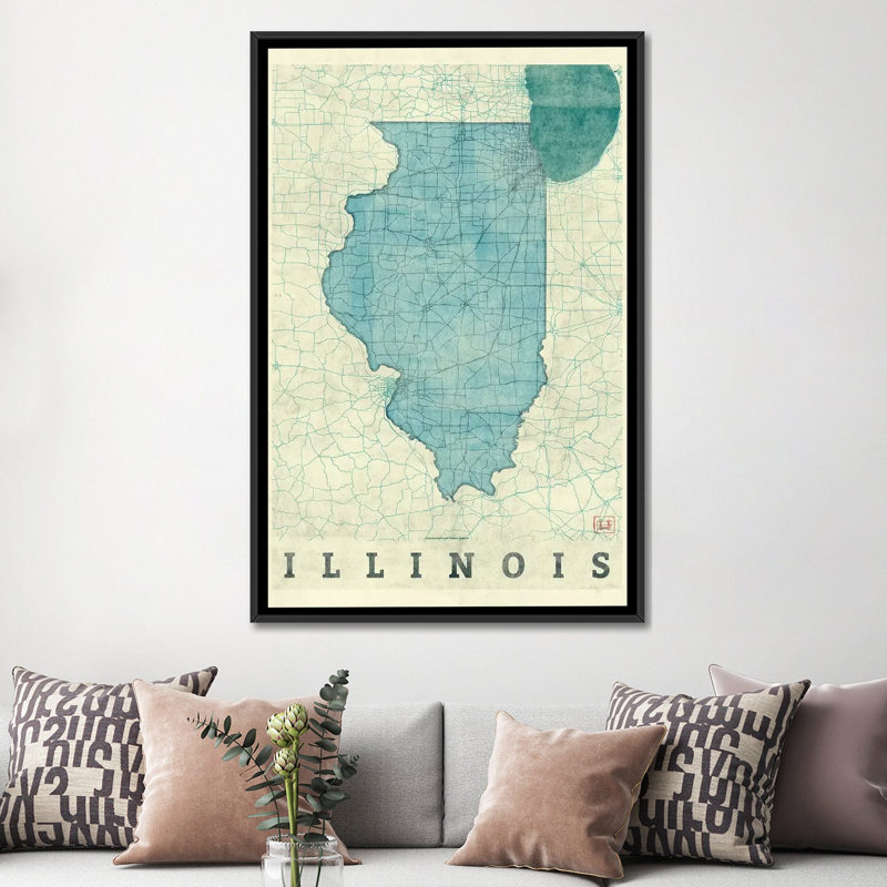 « illinois map », impression sur toile, H 26 po x l 18 po x P 1,5 po, Toile avec cadre noir, Pas de tapis