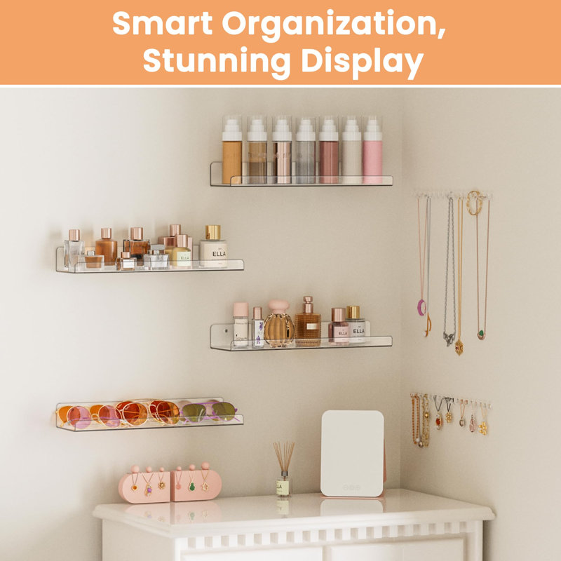 Tablettes en acrylique pour le rangement de la salle de bain, organisateur mural à tablettes flottantes de 15 po pour le parfum, maquillage, soins de la peau, bibliothèque pour enfants pour chambre à coucher, chambre de bébé, transparent, paquet de 4