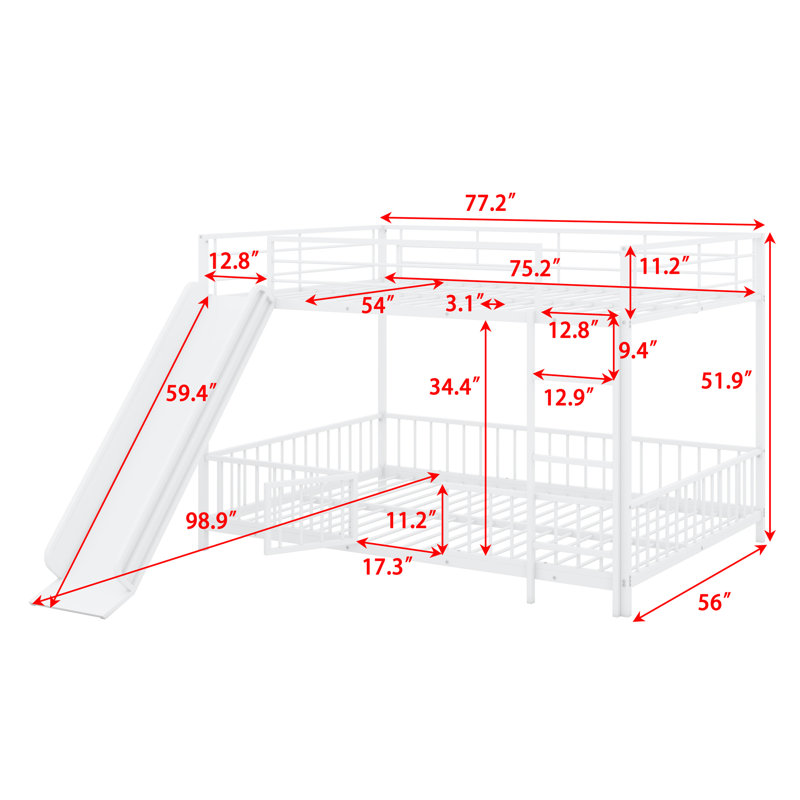 Metal Bunk Bed With Slide And Guardrails, Full Over Full, White