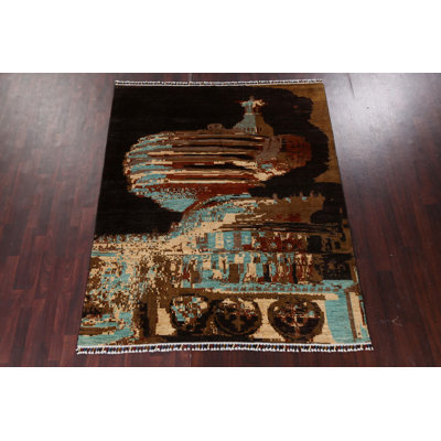 Tapis multicolore en laine noué à la main de conception unique 6 pi 5 po x 7 pi 9 po