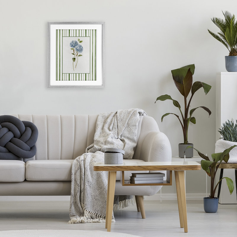Délicat hortensia et blé séché, reproduction encadrée sous verre, design par Nan, H 16 po x l 13 po