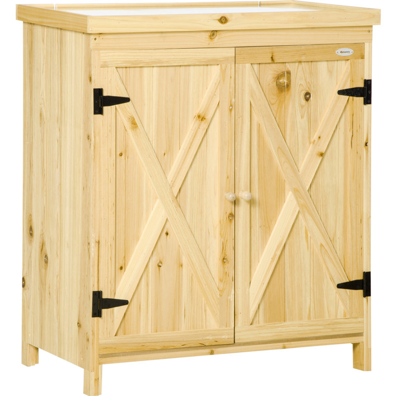 Contenant de jardin avec couvercle galvanisé. Deux tablettes pour les outils de jardin. Finition naturelle, rouille - construire une armoire à outils à l'extérieur. Plateau en métal, 2 aspect bois, pluie