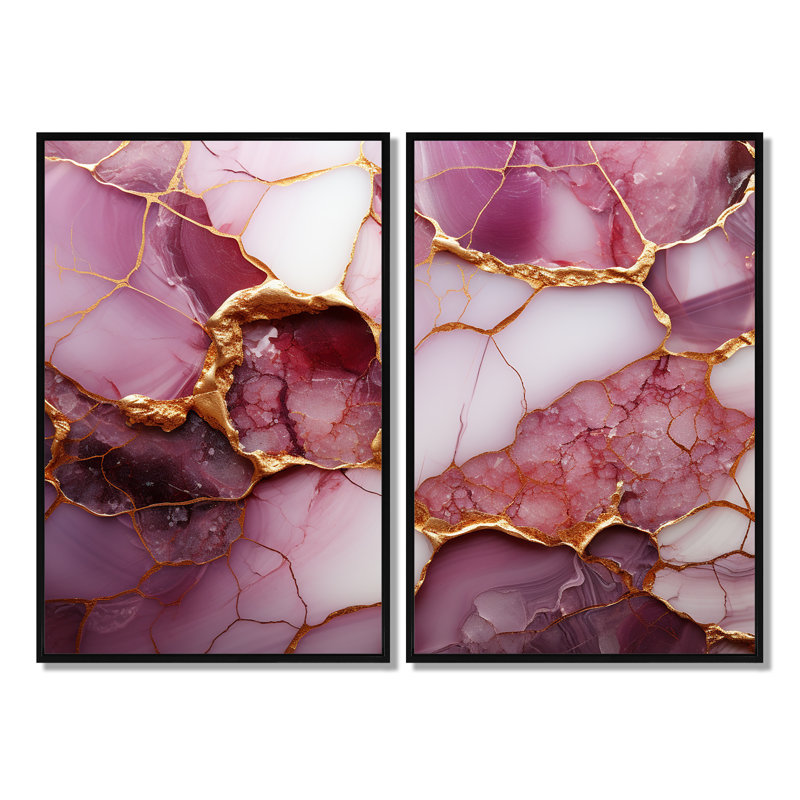 Rose et rivière de marbre doré I - impressions sur toile dorées, Noir, H 36 po x l 48 po, Impression encadrée flottante