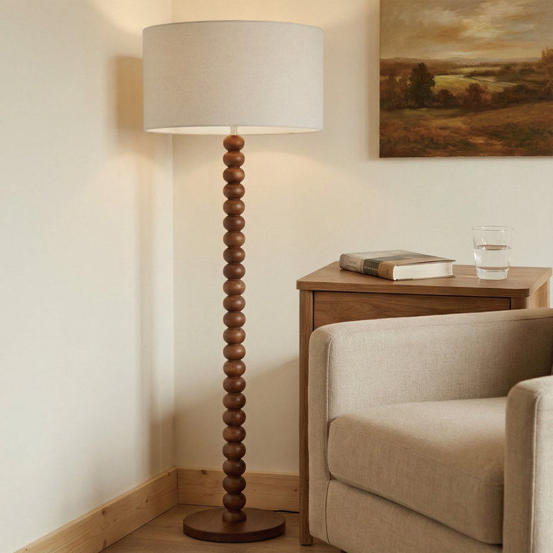 Lampe sur pied 61 po en bois perlé rétro avec abat-jour en lin surdimensionné, lampe sur pied au fini noyer pour salon, chambre à coucher, coin lecture et bureau, homologuée UL, compatible avec les ampoules E26