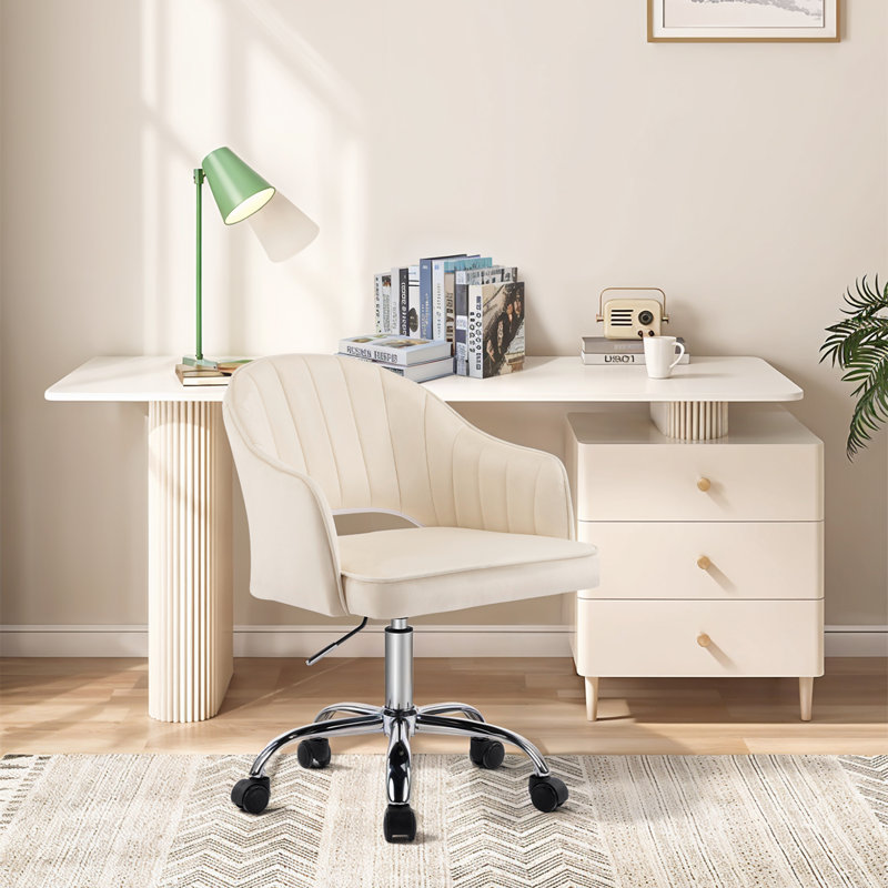 Modern Swivel Velvet Upholstered Office Chair with Armrests, Cream