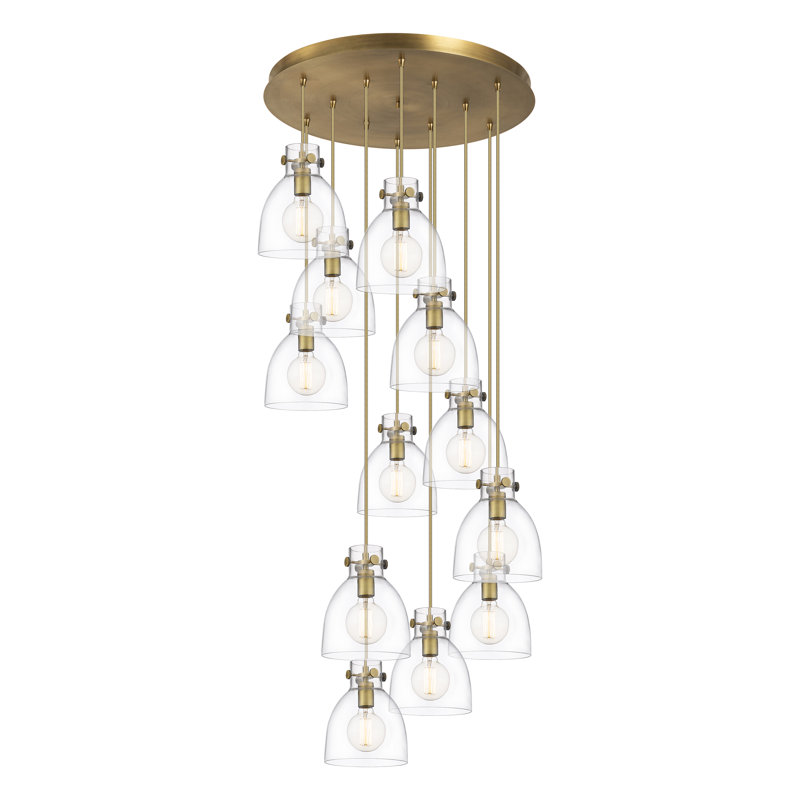 Luminaire suspendu 12 lumières Amrith, Laiton brossé, Transparent