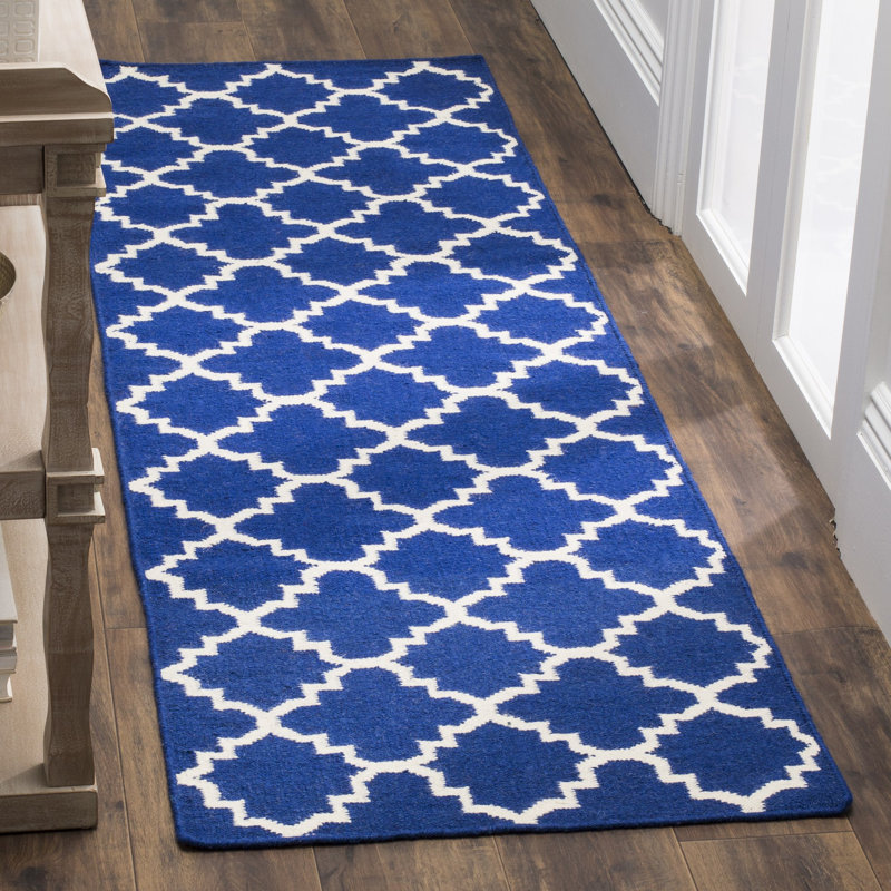 Stahl Hand Woven Flat Weave Wool/Cotton Geometric Rug in Blue/White, Runner 2'6" x 8'