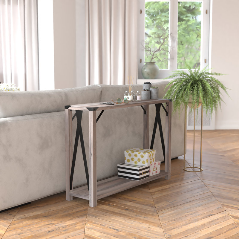 Tennley 2-Tier Console Table with Metal Side Braces and Corner Caps, Gray Wash