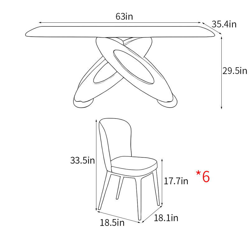 Italian style luxury rectangular dining table set., 29.5"H x 63"L x 35.4 W