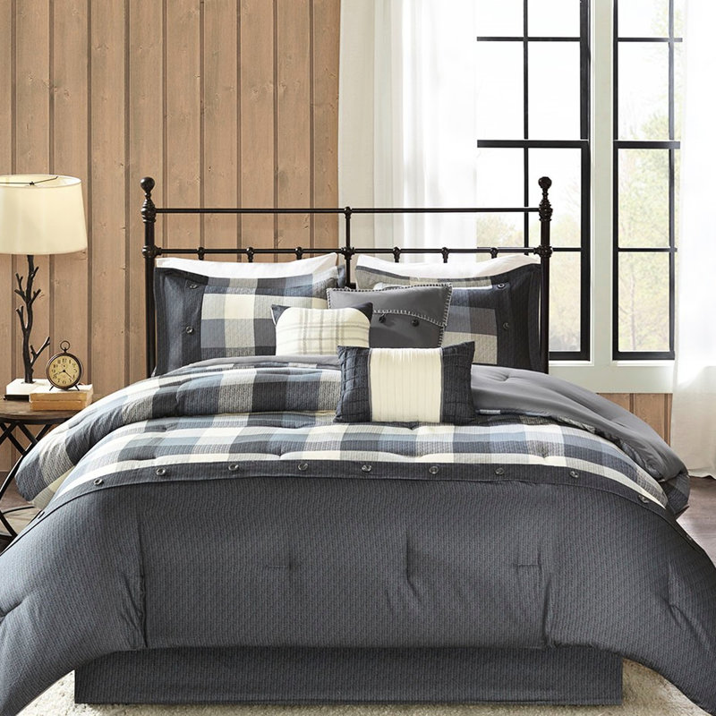 Literie pour grand lit gris - chambre à carreaux Buffalo