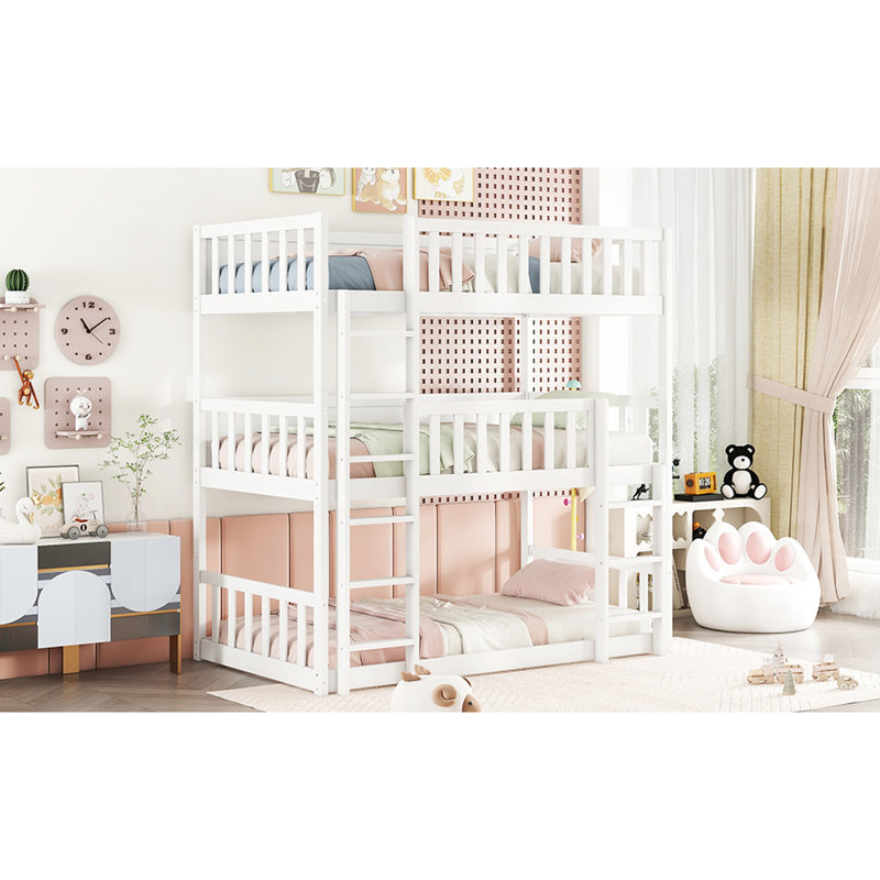 Twin Over Bunk Bed In White - Detachable Rubber Wood Design With Stable Ladders And Guardrails For Bedroom Structure Safe