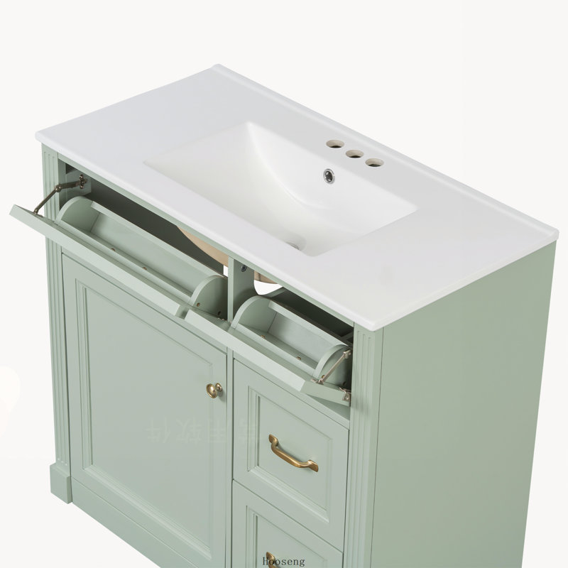 Meuble-lavabo autoportant de 36 po avec comptoir d'évier, armoire en panneau de fibres à densité moyenne avec 4 tiroirs, porte à fermeture en douceur et tablette réglable, lavabo en céramique, vert