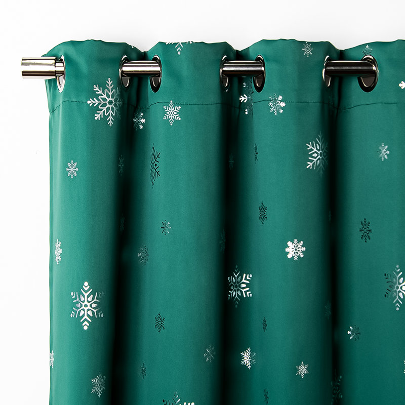 Corderius Polyester Snowflake Silver Foil Print Blackout/Room Darkening Thermal Grommet Curtains, Green, 52" W x 96" L