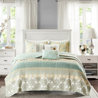 Courtepointe 6 pièces avec ornements géométriques et floraux en coton très grand / très grand pour la chambre à coucher Grace