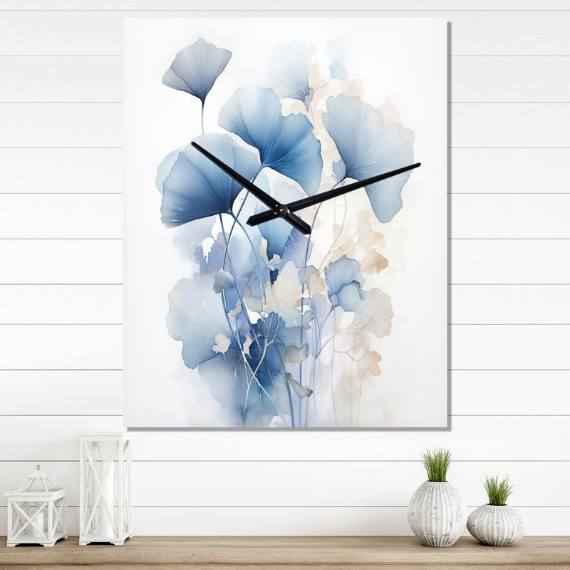 Horloge murale délicate, feuilles de ginko bleu sur aquarelle, Petit