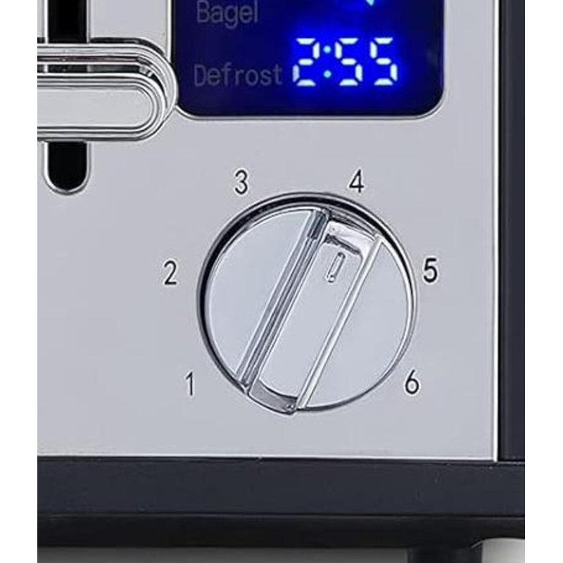 This Black Stainless Steel Double-Slice Toaster Features A Large, Clear LED Screen, A Wide Slot With 6 Temperature Settings, A Full Range Of Functions, And A Removable Crumb Tray For Easy Cleaning.