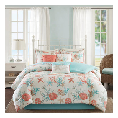 7 Piece Cotton Sateen Comforter Set - Coastal Shell & Starfish Print Bedding with Shams and Decorative Pillows, Hypoallergenic Fill, California King