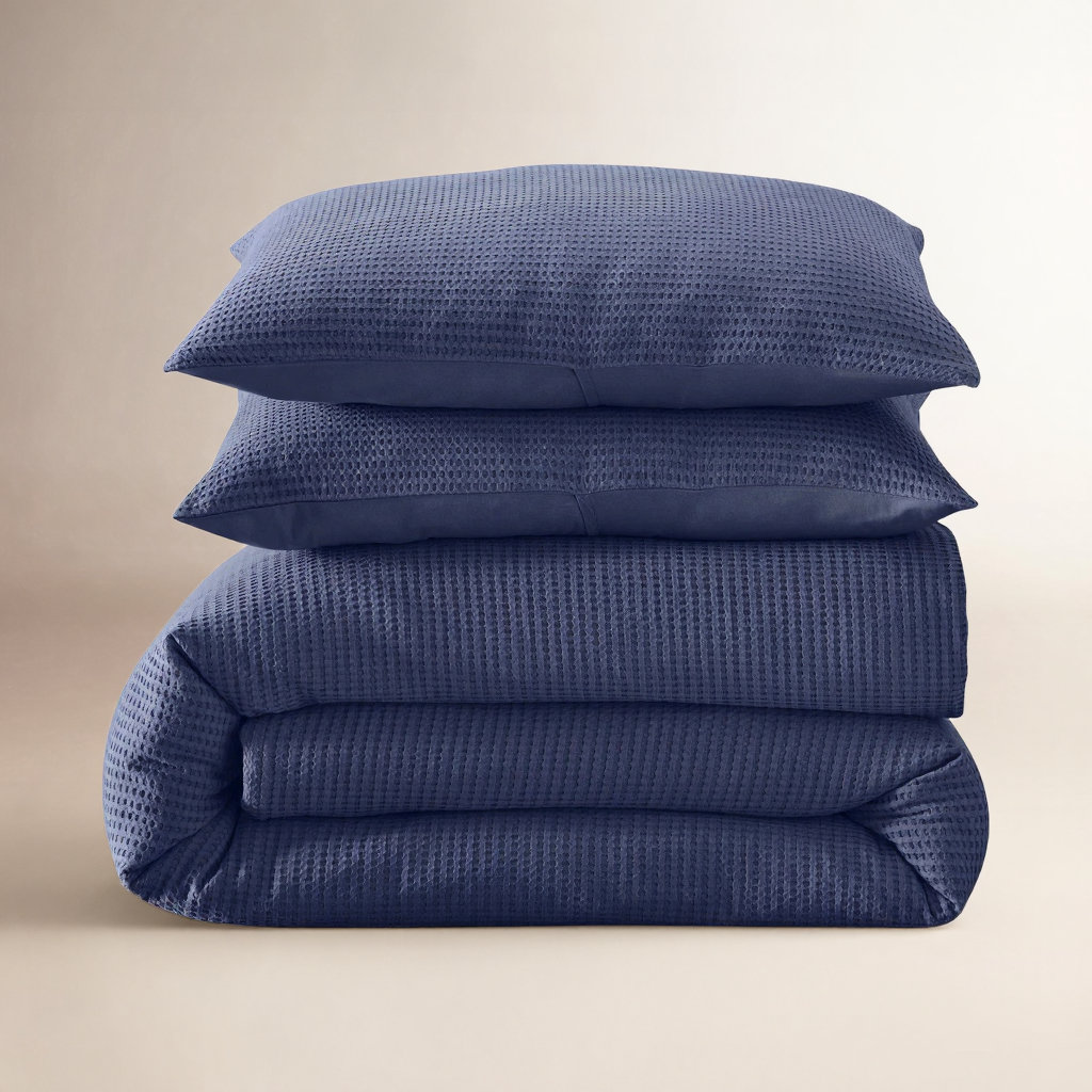 Felix Waffle Cotton Duvet Cover Set, King / Cal King Duvet Cover + 2 King Pillowcases, Midnight Navy