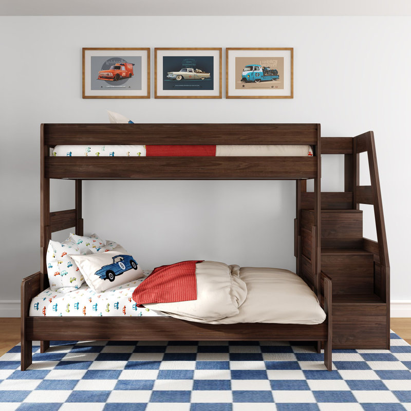 Modern Farmhouse Bunk Bed With Staircase, Twin Over Full, Barnwood Brown