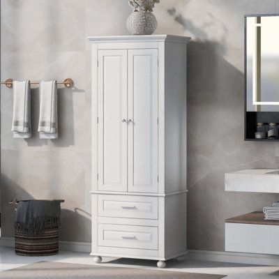 Armoire de rangement pour salle de bain, armoire de rangement haute autoportante avec tablette réglable et deux tiroirs, armoire de rangement en panneau de fibres à densité moyenne pour bureau de cuisine