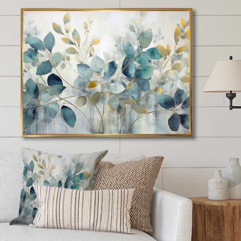 «Blue Botanical Rhythms II - Abstract Botanicals», art mural sur toile, Reproduction avec cadre flottant, H 24 po x l 32 po