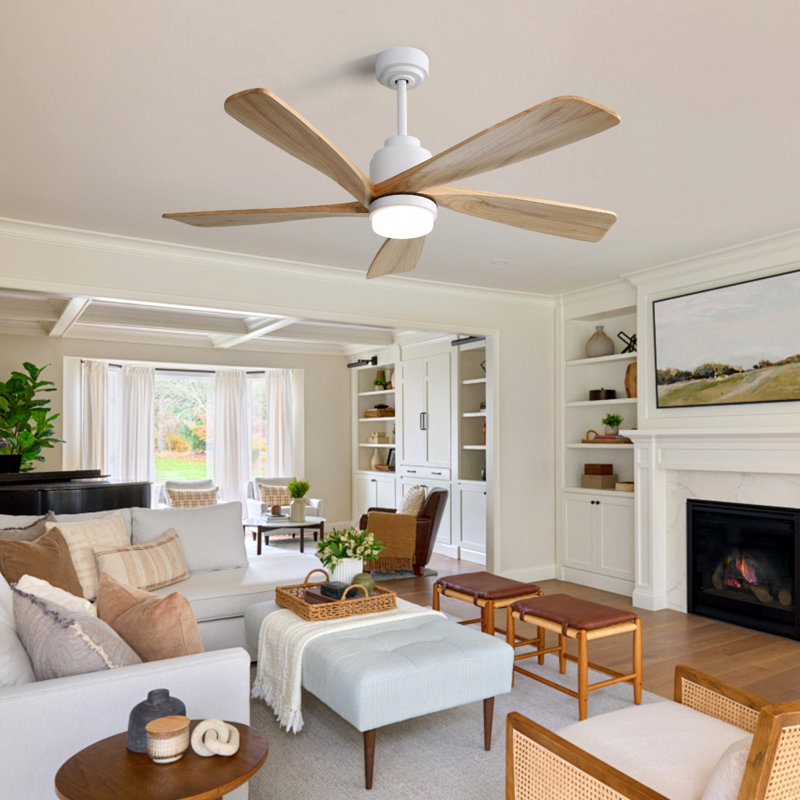 Ventilateur de plafond 52 po avec lumières DEL Einy, Blanc, Bois naturel