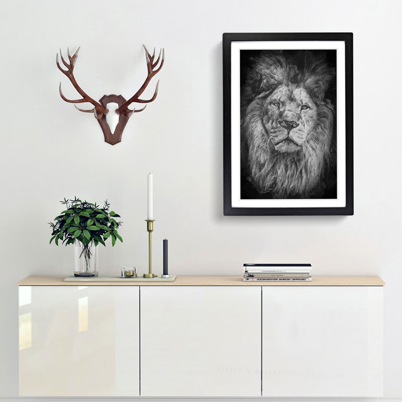The Proud Lion in Abstract - Picture Frame Graphic Art Print, 65cm H x 48cm W x 2cm D, Black Framed
