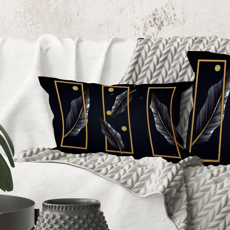 Rectangle, feuilles tropicales noires avec rectangles dorés - Coussin décoratif imprimé moderne