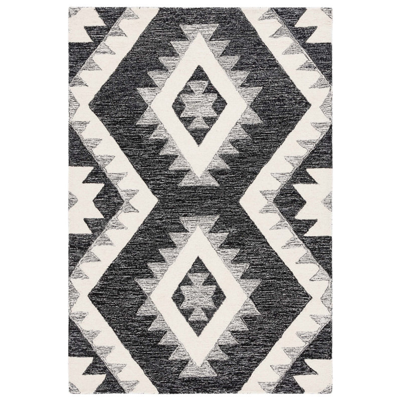Tapis ivoire / noir en laine touffeté à la main Ares Southwestern, Rectangle 5 pi x 8 pi
