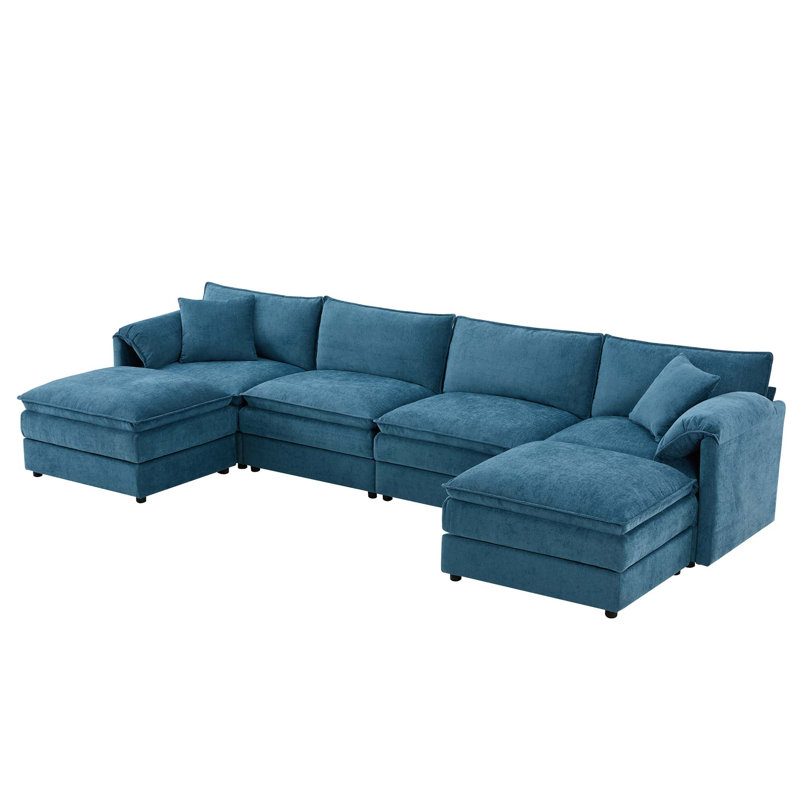 Canapé modulaire en chenille avec sièges profonds et repose-pieds mobile Chenille, Chenille - bleu