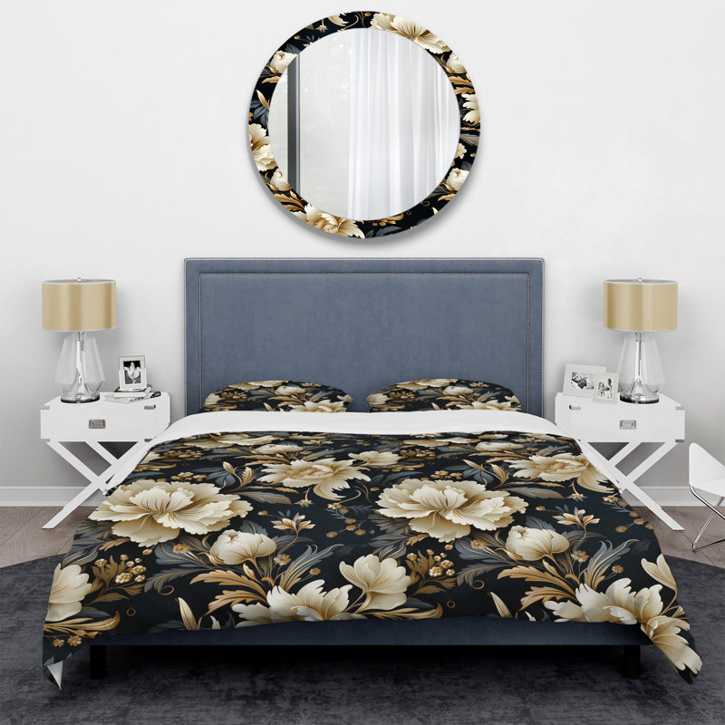 Ensemble de housse de couette beige et bleu damassé Fusion I, Housse de couette simple + 1 taie décorative stan