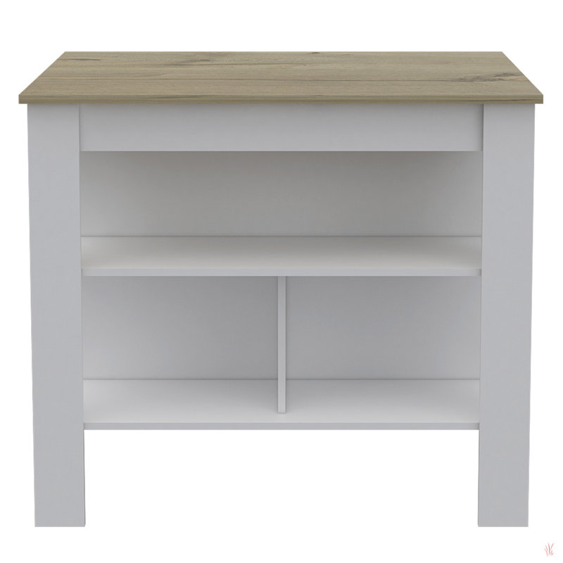 Îlot de cuisine, quatre pieds, trois tablettes, Blanc, Bois naturel / gris