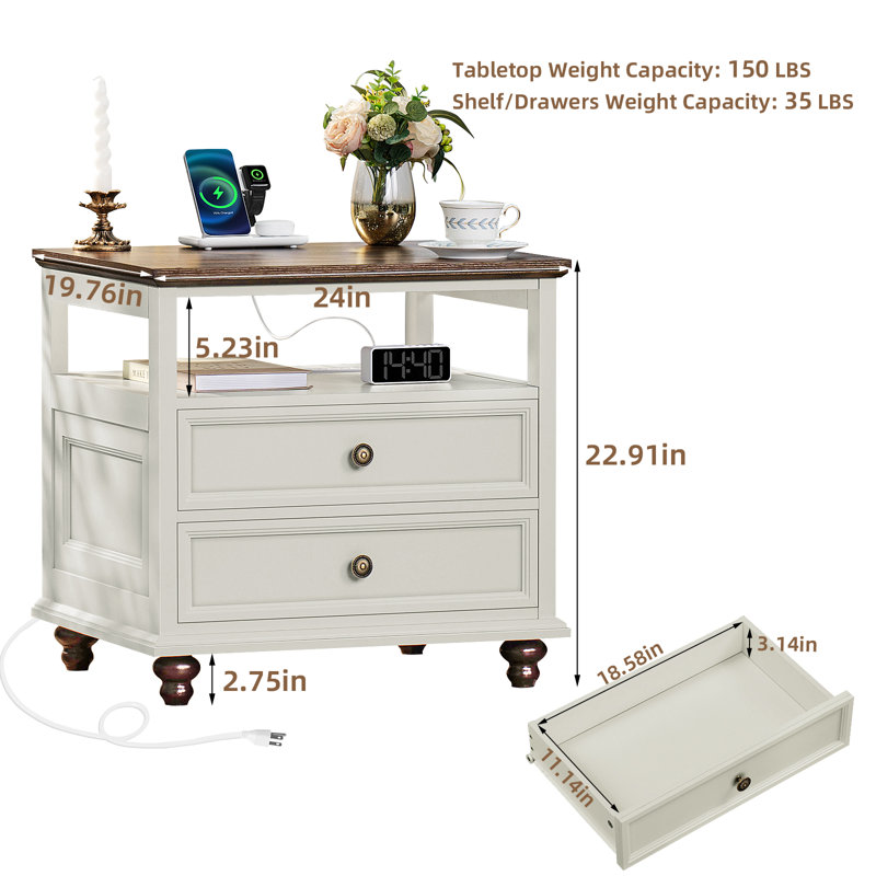 Farmhouse Nightstand, 24" Wide End Table With 2 Drawers, Dresser For Bedroom, Bed Side Table Chest Of Drawers Cabinet,Wood Night Stand For Living Room, Closet