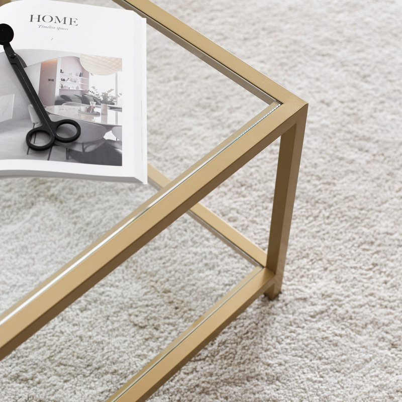 Modern Gold Coffee Table, 35.4 x 15.7 x 23.6 Inches | 100% Tempered Glass Top (0.16 Inches Thick) & 100% Metal Frame | Elegant Glam Design for Living Room | Stylish, Durable, and Contemporary Décor