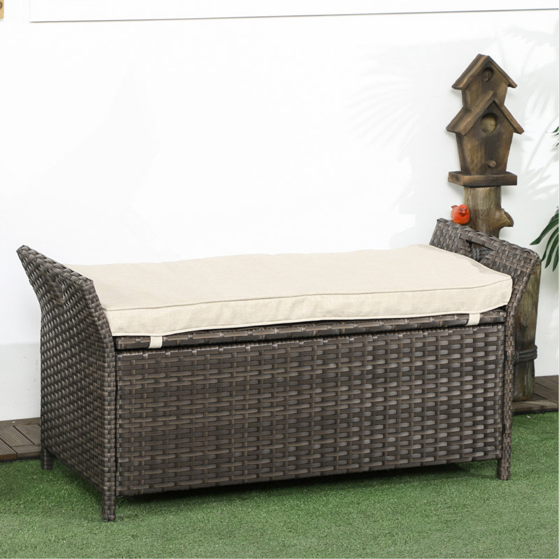 27 Gallon Patio Wicker Storage Bench, Outdoor Rattan Patio Furniture, 2-In-1 Large Capacity Rectangle Garden Storage Box with Handles and Cushion, Cream White