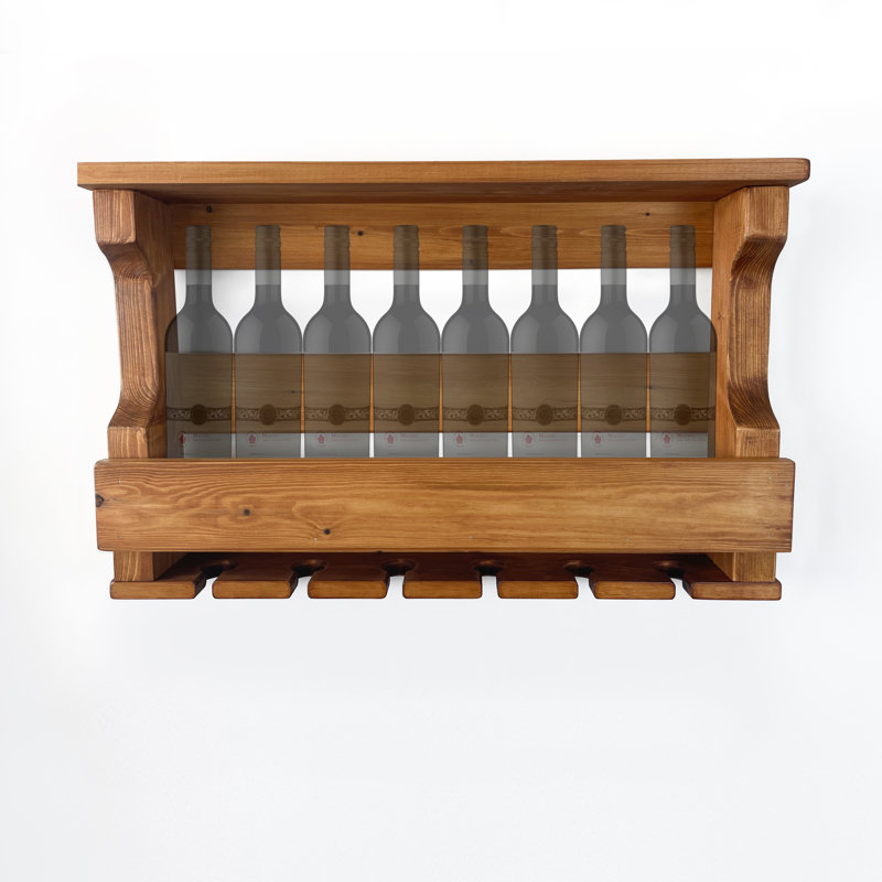 Marquand 8 Bottle Solid Wood Wall Mounted Wine Bottle & Glass Rack, Walnut