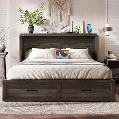 Armoire lit escamotable Murphy avec station de charge Lit plateforme multifonctionnel pliable avec 1 grand tiroir de rangement pour chambre d'amis Petite chambre