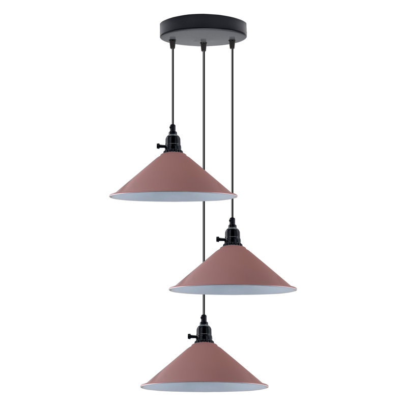 3-Light Cone Pendant Light – Industrial Kitchen Island Ceiling Fixture with Adjustable Height & E27 Bulbs, No, Pink