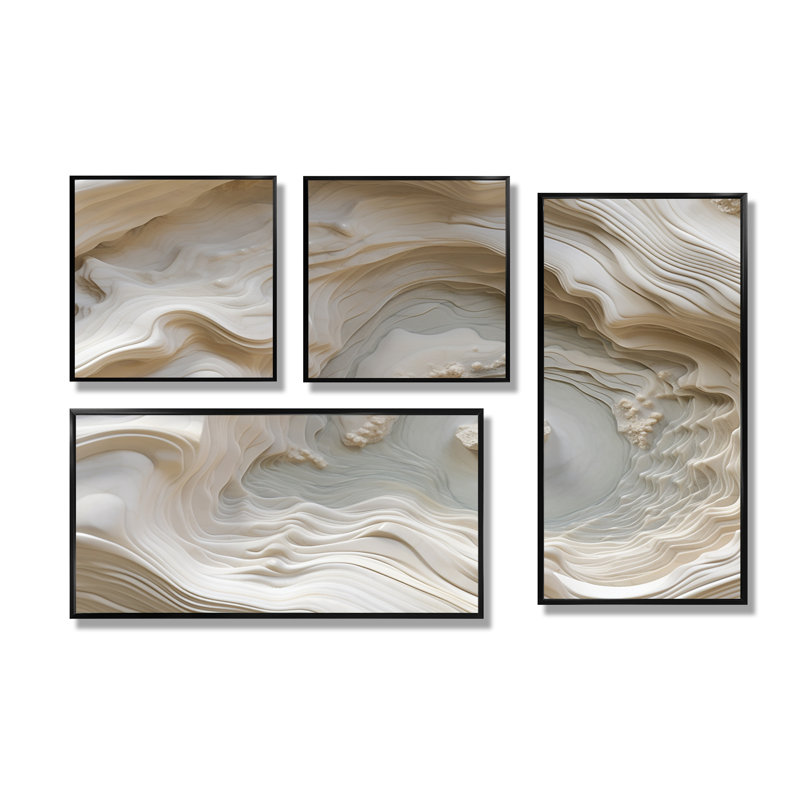 Crème spirale nébuleuse II - grandes spirales abstraites, art mural 4 pièces, Reproduction encadrée sans passe-partout, Noir